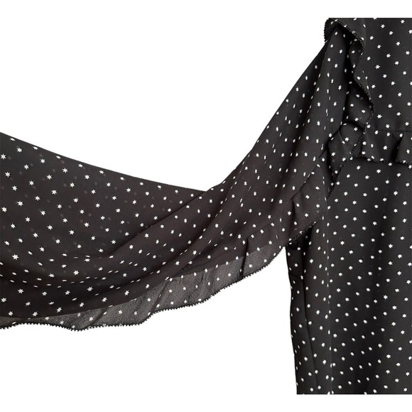 Michael Kors Women's Blouse Medium Ruffle Long Sleeve White Stars Print on Black - Picture 3 of 12